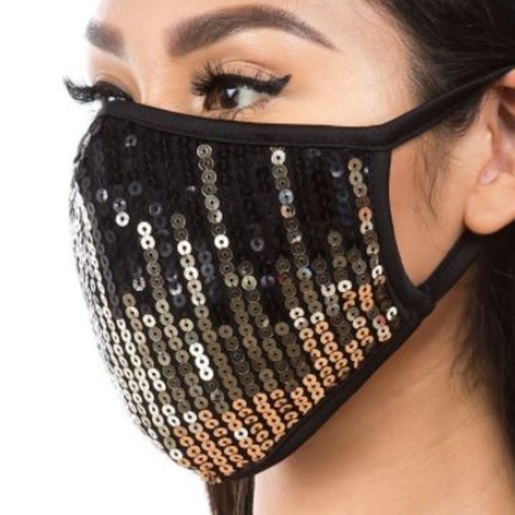 Black & Gold Sequined Fabric Facemask - Picture 2 of 2